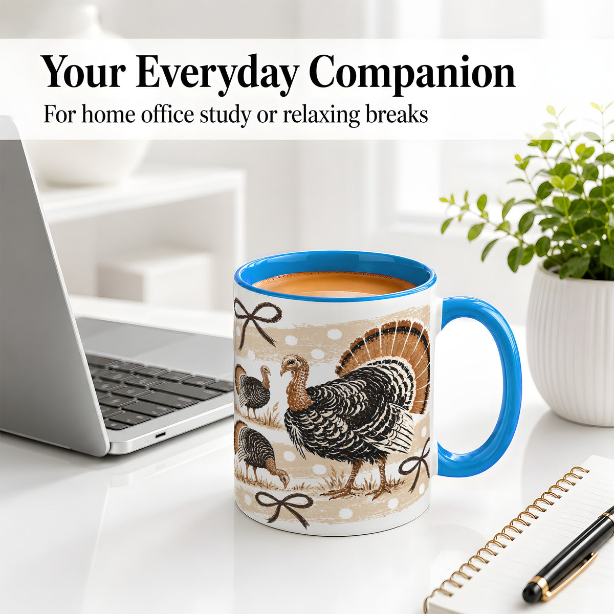 #pl[11oz|Blue] Thanksgiving Turkey Ceramic Mug, Rustic Bow Autumn Farm Artwork