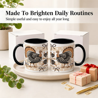 #pl[11oz|Black] Thanksgiving Turkey Ceramic Mug, Rustic Bow Autumn Farm Artwork