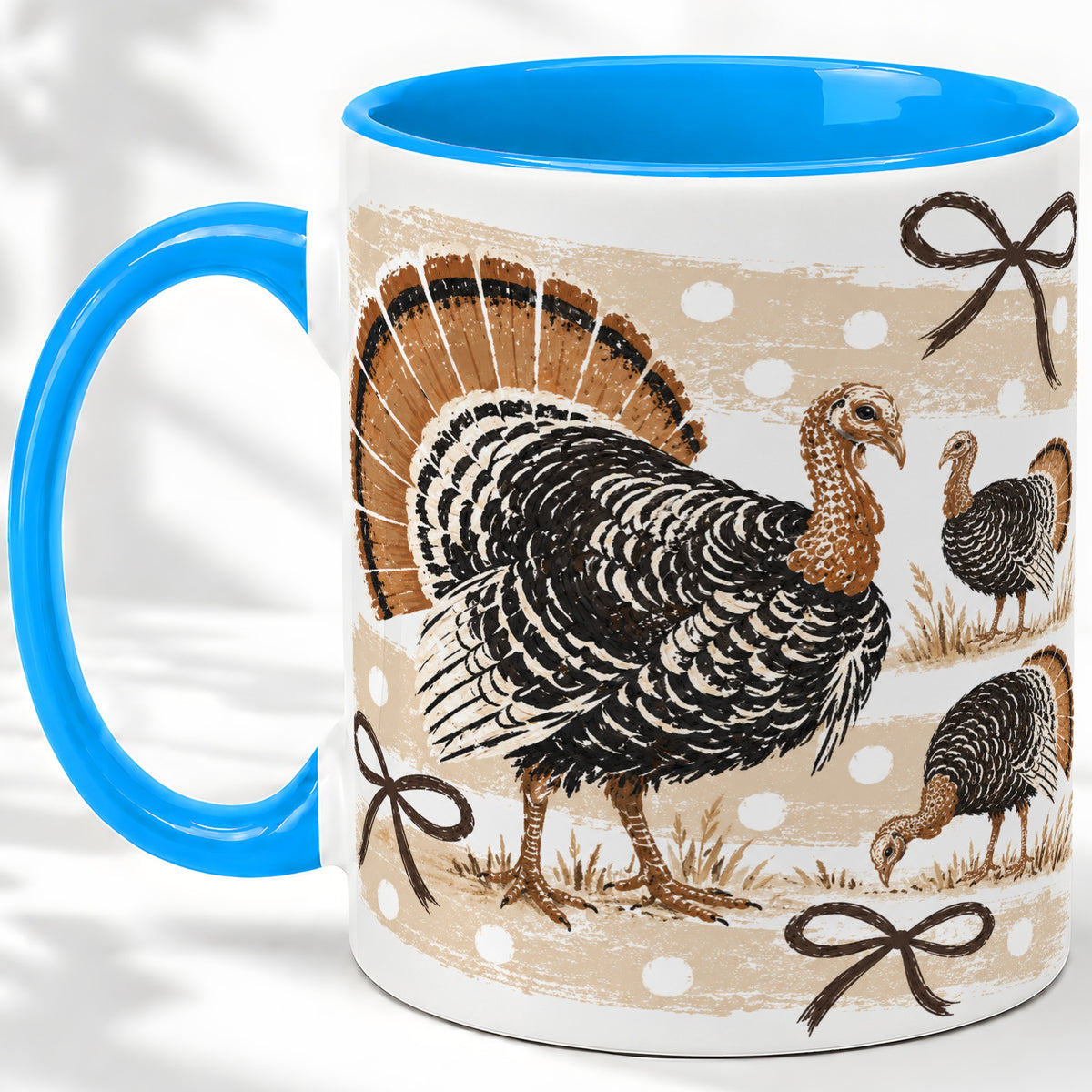 #pl[11oz|Blue] Thanksgiving Turkey Ceramic Mug, Rustic Bow Autumn Farm Artwork