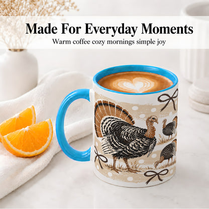 #pl[11oz|Blue] Thanksgiving Turkey Ceramic Mug, Rustic Bow Autumn Farm Artwork