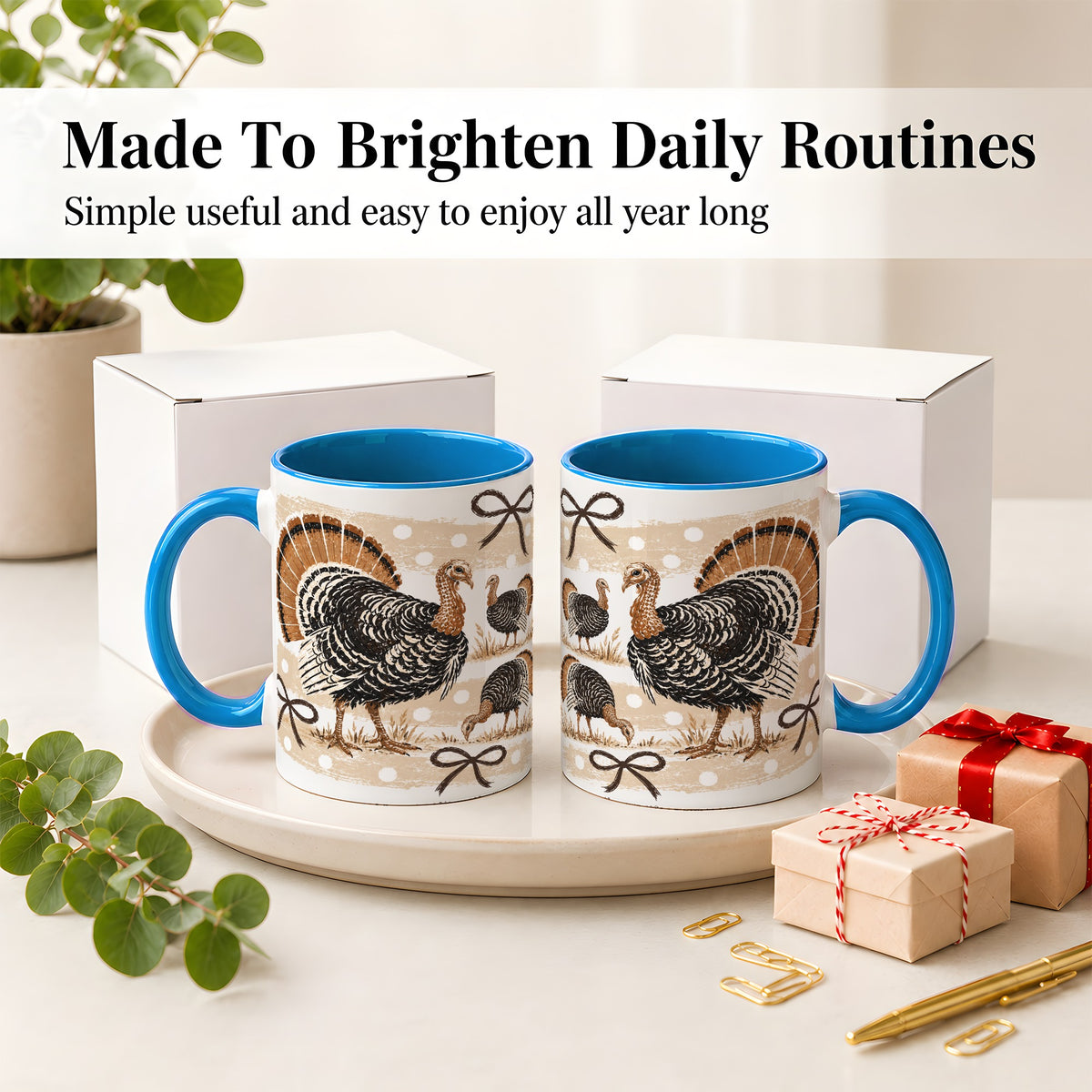 #pl[11oz|Blue] Thanksgiving Turkey Ceramic Mug, Rustic Bow Autumn Farm Artwork