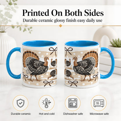 #pl[11oz|Blue] Thanksgiving Turkey Ceramic Mug, Rustic Bow Autumn Farm Artwork