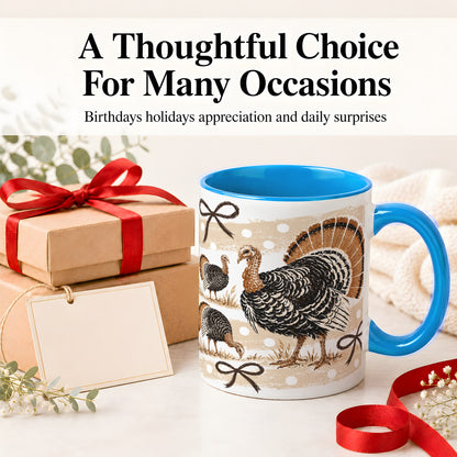 #pl[11oz|Blue] Thanksgiving Turkey Ceramic Mug, Rustic Bow Autumn Farm Artwork