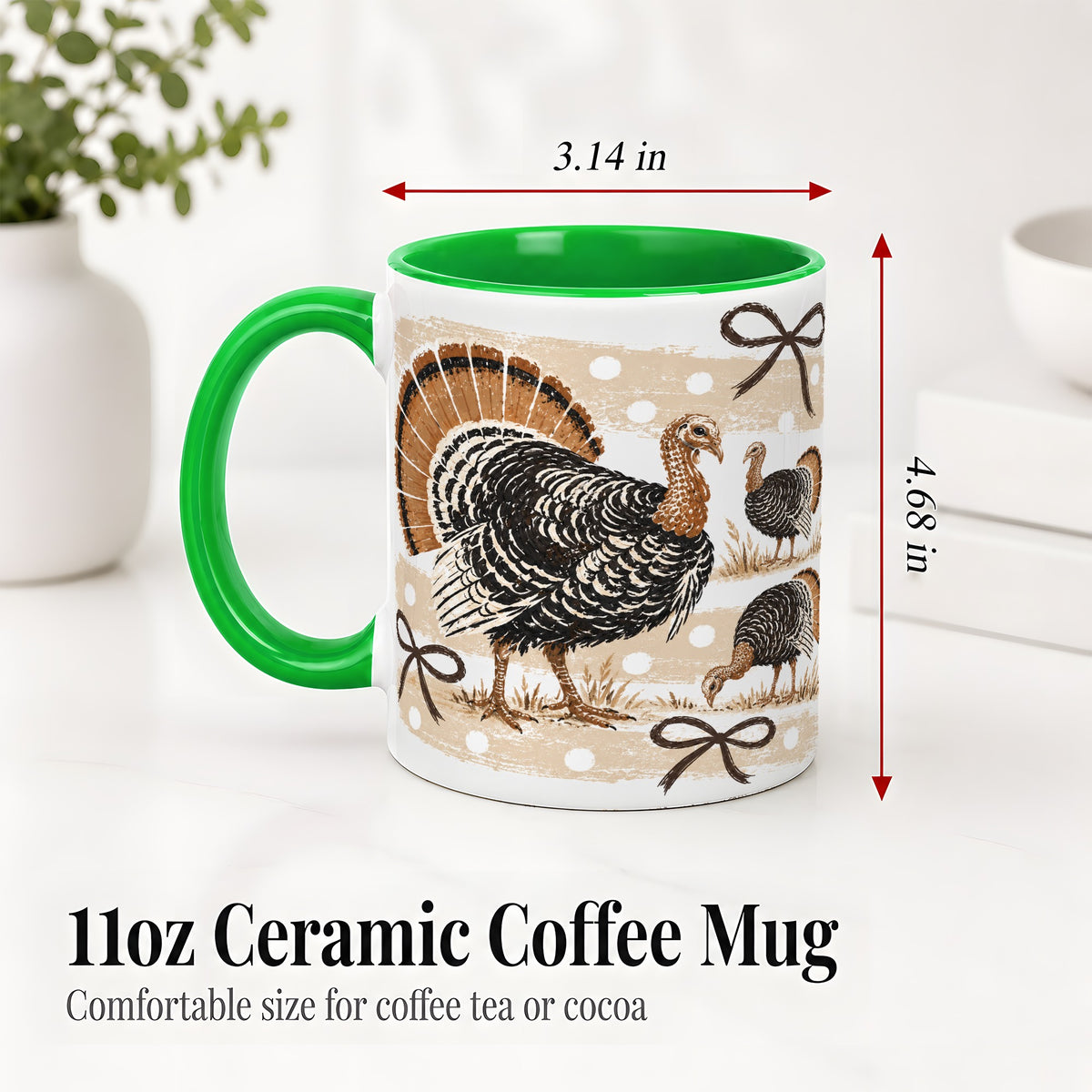 #pl[11oz|Green] Thanksgiving Turkey Ceramic Mug, Rustic Bow Autumn Farm Artwork