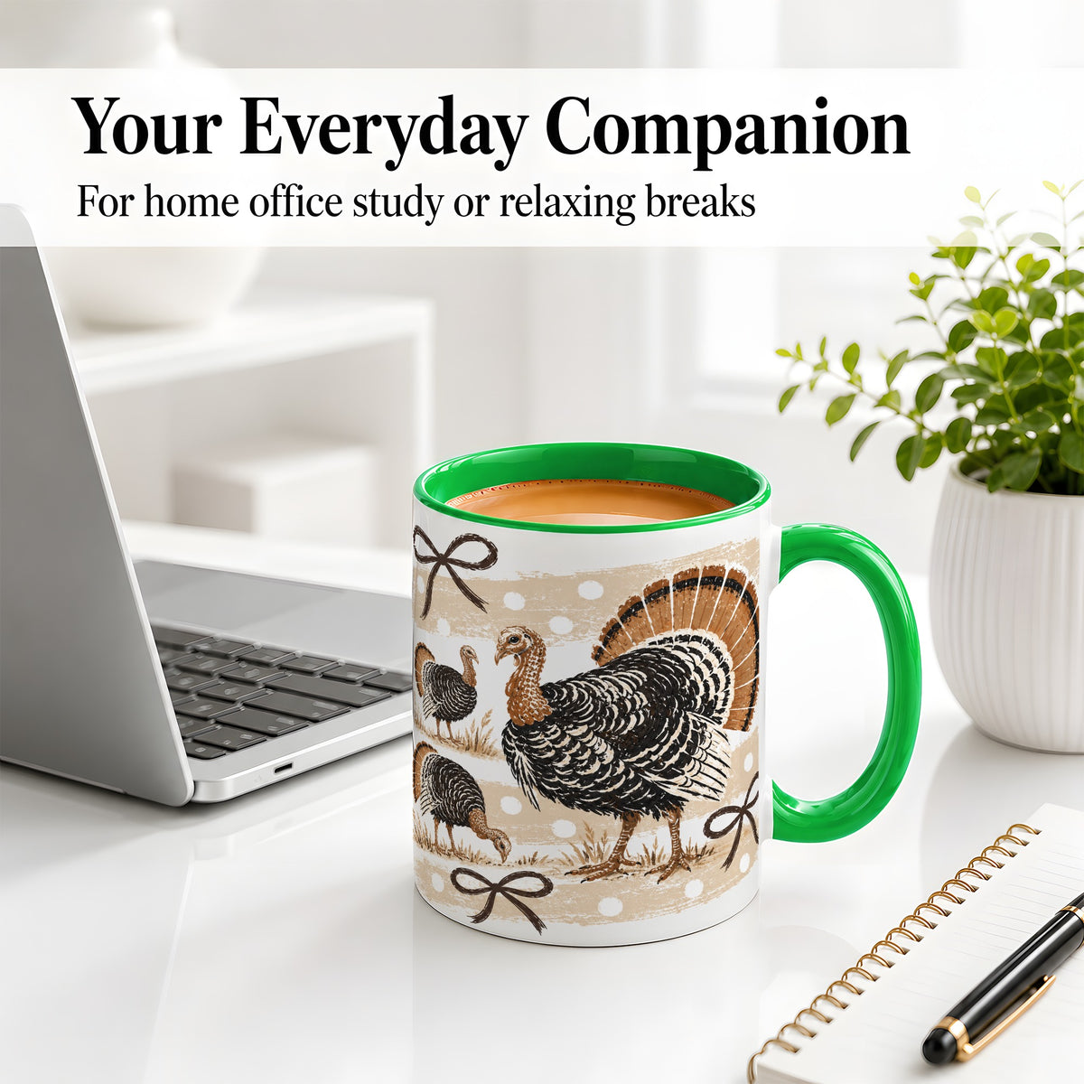 #pl[11oz|Green] Thanksgiving Turkey Ceramic Mug, Rustic Bow Autumn Farm Artwork