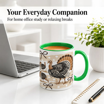 #pl[11oz|Green] Thanksgiving Turkey Ceramic Mug, Rustic Bow Autumn Farm Artwork
