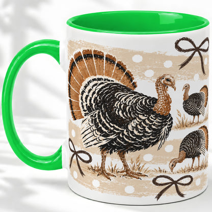 #pl[11oz|Green] Thanksgiving Turkey Ceramic Mug, Rustic Bow Autumn Farm Artwork