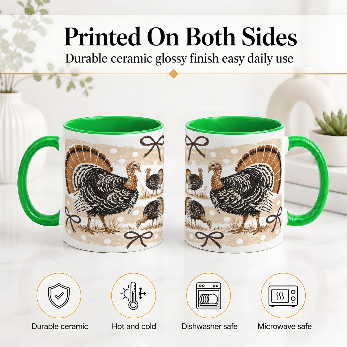 #pl[11oz|Green] Thanksgiving Turkey Ceramic Mug, Rustic Bow Autumn Farm Artwork