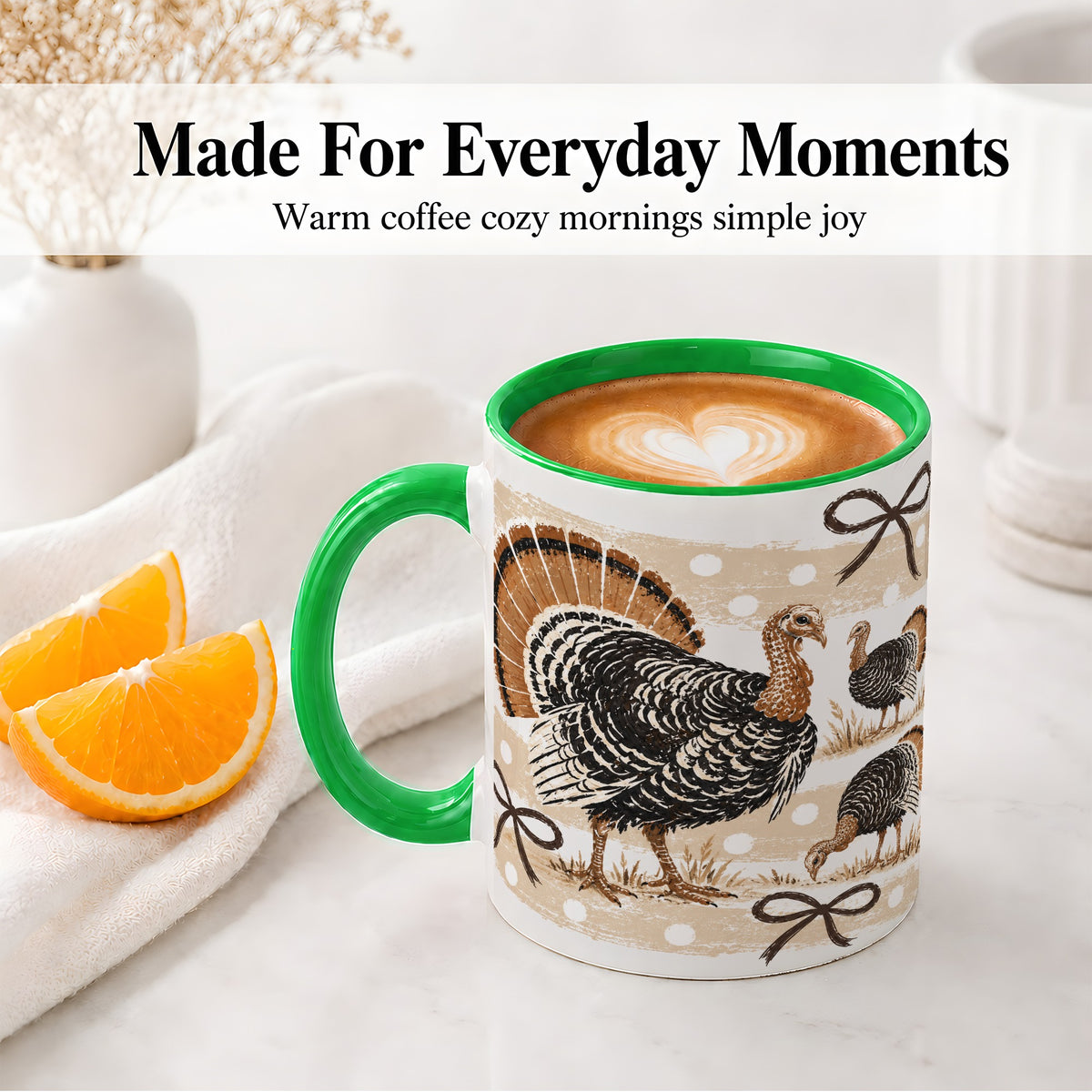 #pl[11oz|Green] Thanksgiving Turkey Ceramic Mug, Rustic Bow Autumn Farm Artwork