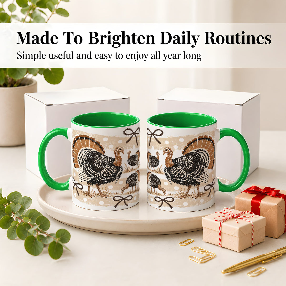 #pl[11oz|Green] Thanksgiving Turkey Ceramic Mug, Rustic Bow Autumn Farm Artwork