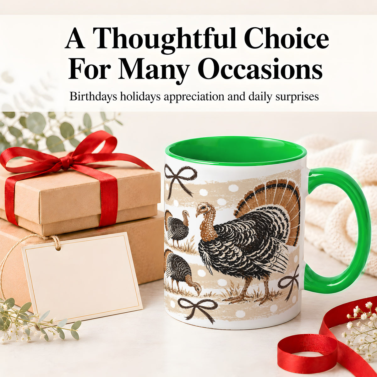 #pl[11oz|Green] Thanksgiving Turkey Ceramic Mug, Rustic Bow Autumn Farm Artwork