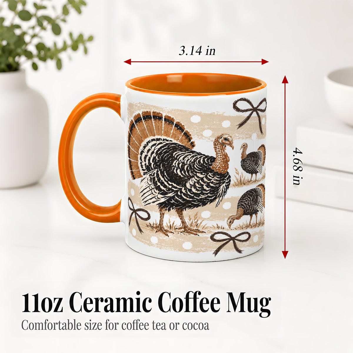 #pl[11oz|Orange] Thanksgiving Turkey Ceramic Mug, Rustic Bow Autumn Farm Artwork