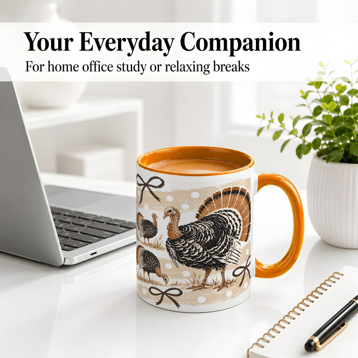#pl[11oz|Orange] Thanksgiving Turkey Ceramic Mug, Rustic Bow Autumn Farm Artwork