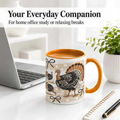 #pl[11oz|Orange] Thanksgiving Turkey Ceramic Mug, Rustic Bow Autumn Farm Artwork