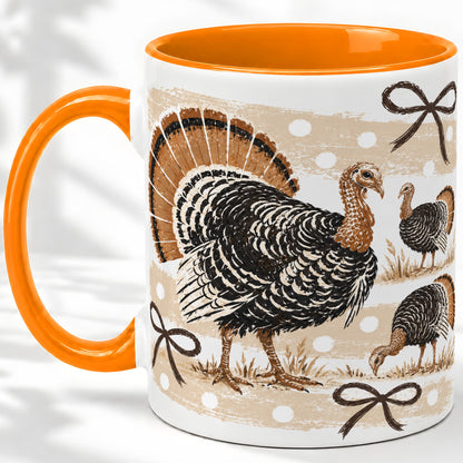 #pl[11oz|Orange] Thanksgiving Turkey Ceramic Mug, Rustic Bow Autumn Farm Artwork