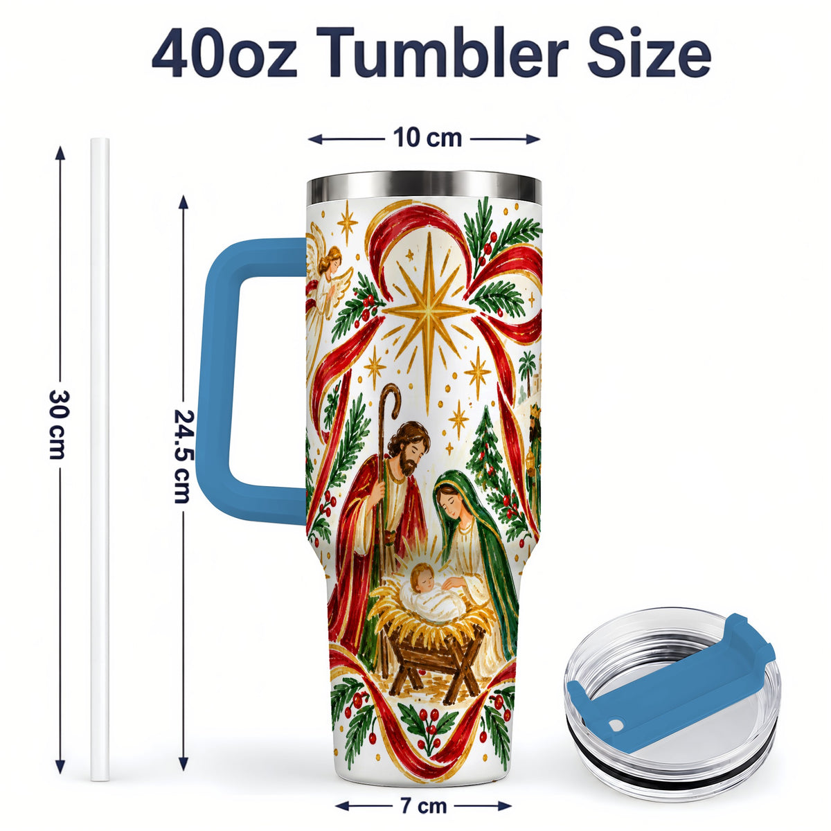#pl[40oz|Blue] Nativity Christmas 40oz Tumbler, Holy Family Angel Religious Holiday Scene