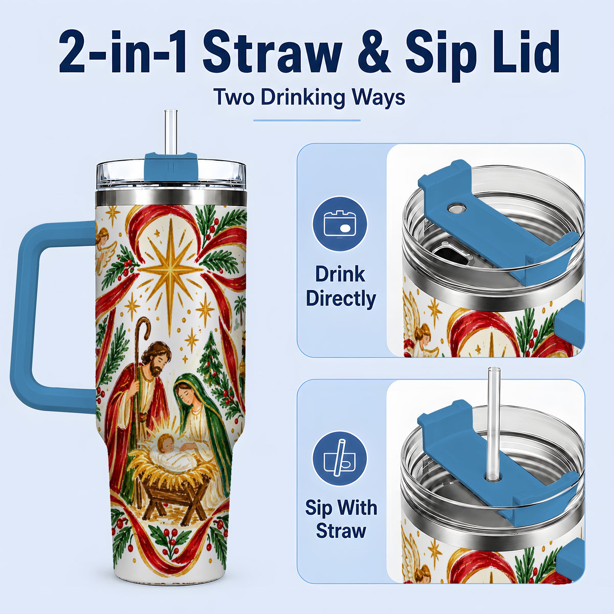 #pl[40oz|Blue] Nativity Christmas 40oz Tumbler, Holy Family Angel Religious Holiday Scene