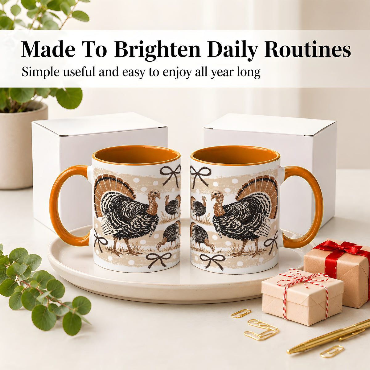 #pl[11oz|Orange] Thanksgiving Turkey Ceramic Mug, Rustic Bow Autumn Farm Artwork