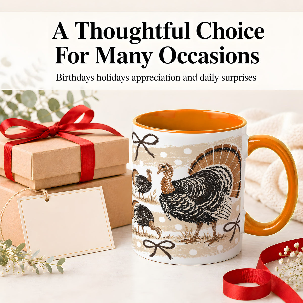 #pl[11oz|Orange] Thanksgiving Turkey Ceramic Mug, Rustic Bow Autumn Farm Artwork