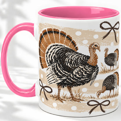 #pl[11oz|Pink] Thanksgiving Turkey Ceramic Mug, Rustic Bow Autumn Farm Artwork
