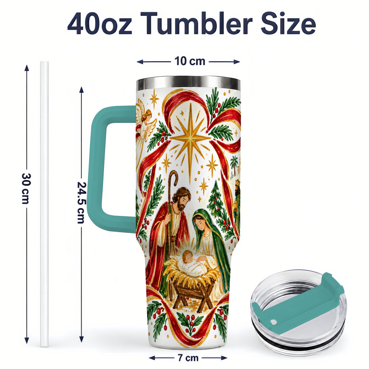 #pl[40oz|Green] Nativity Christmas 40oz Tumbler, Holy Family Angel Religious Holiday Scene