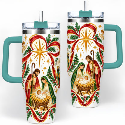 #pl[40oz|Green] Nativity Christmas 40oz Tumbler, Holy Family Angel Religious Holiday Scene