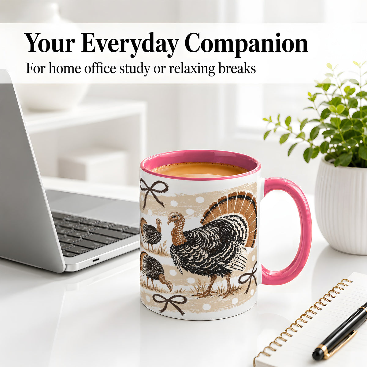 #pl[11oz|Pink] Thanksgiving Turkey Ceramic Mug, Rustic Bow Autumn Farm Artwork