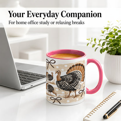 #pl[11oz|Pink] Thanksgiving Turkey Ceramic Mug, Rustic Bow Autumn Farm Artwork