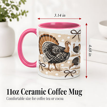 #pl[11oz|Pink] Thanksgiving Turkey Ceramic Mug, Rustic Bow Autumn Farm Artwork