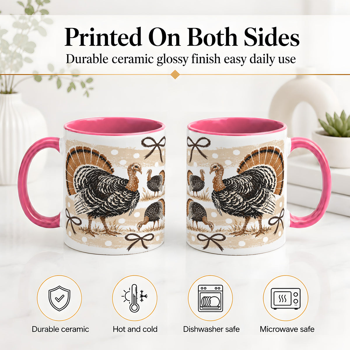 #pl[11oz|Pink] Thanksgiving Turkey Ceramic Mug, Rustic Bow Autumn Farm Artwork