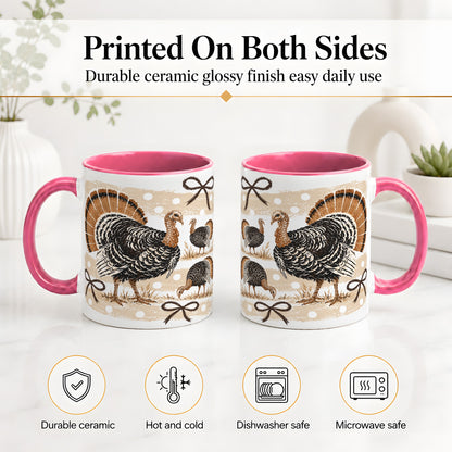 #pl[11oz|Pink] Thanksgiving Turkey Ceramic Mug, Rustic Bow Autumn Farm Artwork