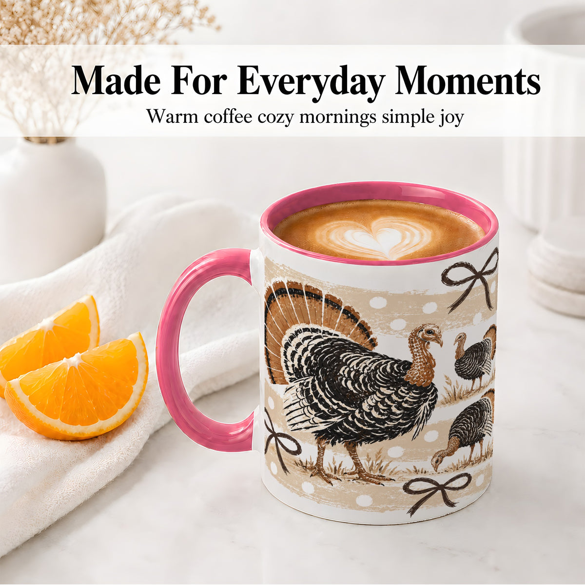 #pl[11oz|Pink] Thanksgiving Turkey Ceramic Mug, Rustic Bow Autumn Farm Artwork
