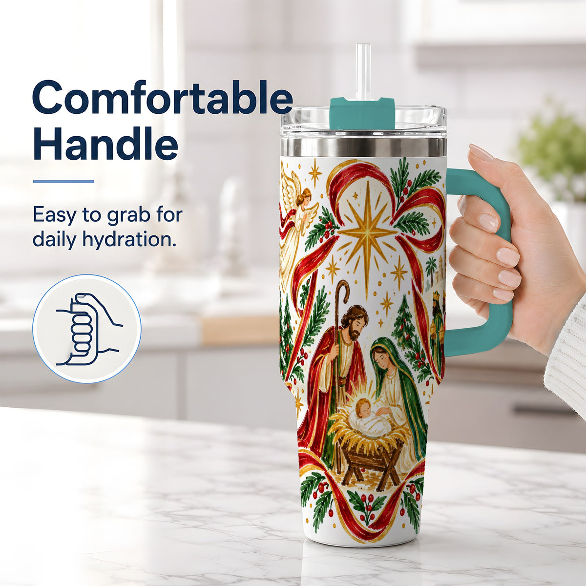 #pl[40oz|Green] Nativity Christmas 40oz Tumbler, Holy Family Angel Religious Holiday Scene