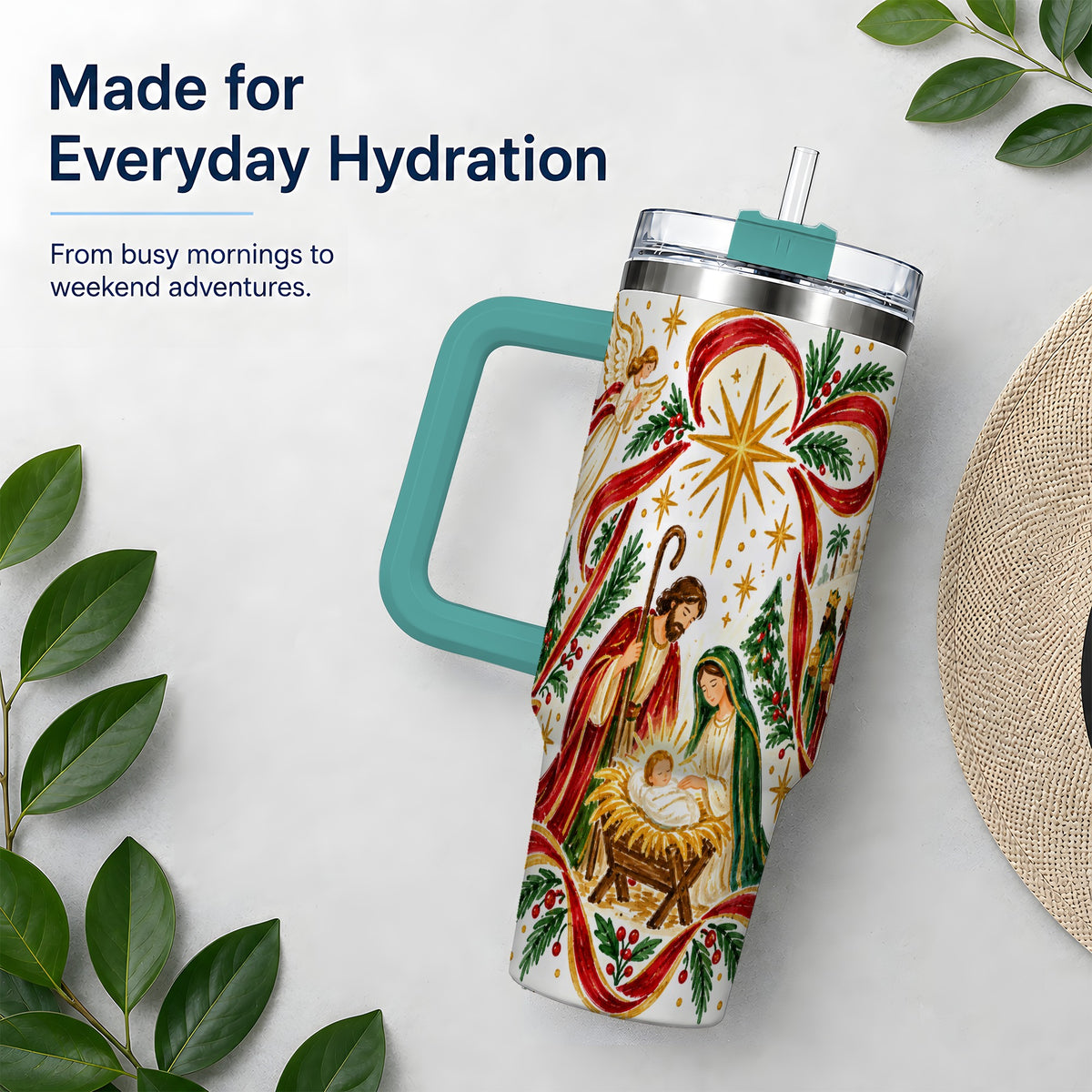 #pl[40oz|Green] Nativity Christmas 40oz Tumbler, Holy Family Angel Religious Holiday Scene