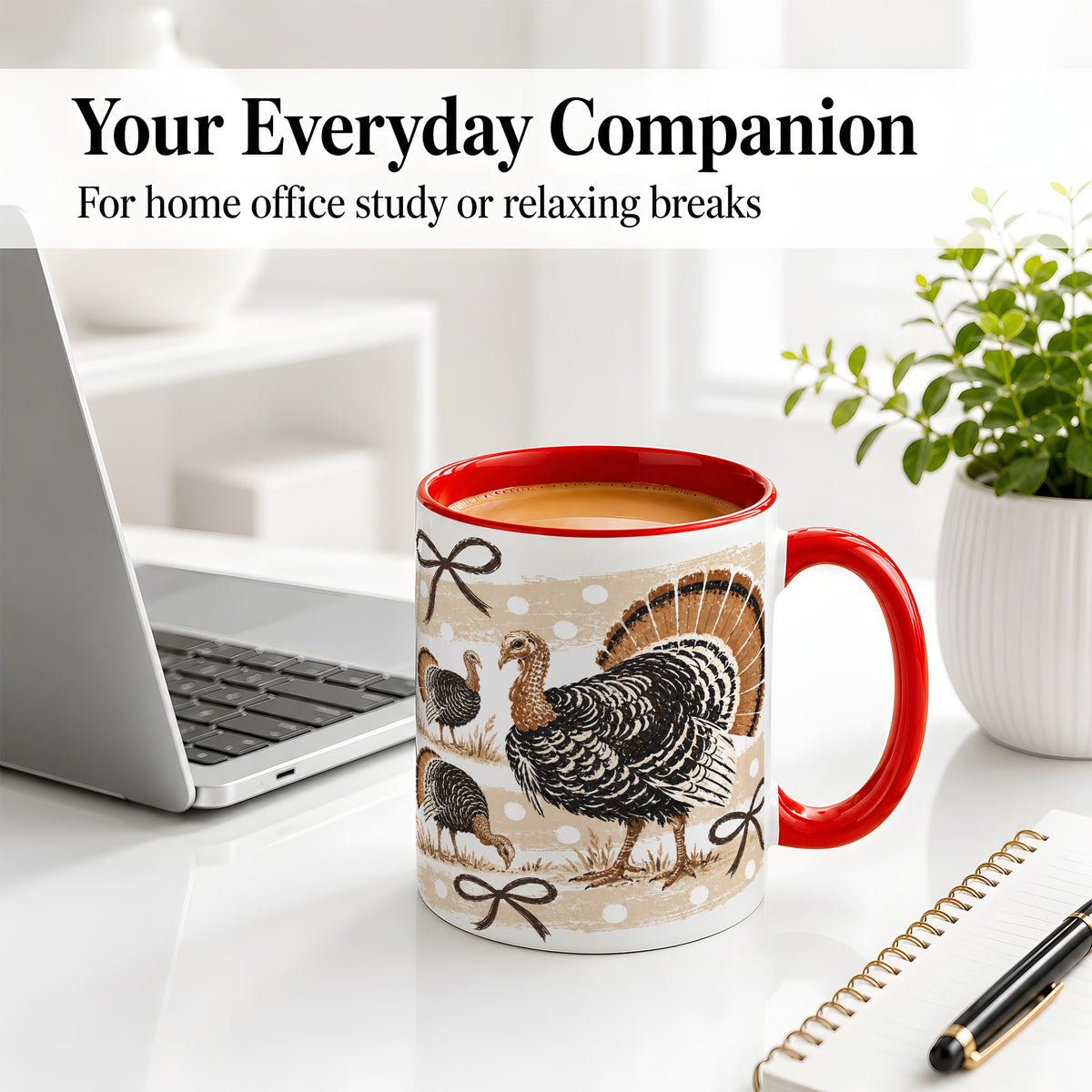 #pl[11oz|Red] Thanksgiving Turkey Ceramic Mug, Rustic Bow Autumn Farm Artwork