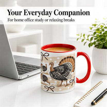 #pl[11oz|Red] Thanksgiving Turkey Ceramic Mug, Rustic Bow Autumn Farm Artwork