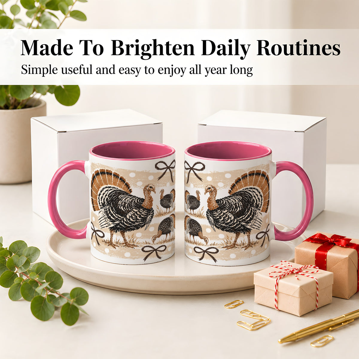 #pl[11oz|Pink] Thanksgiving Turkey Ceramic Mug, Rustic Bow Autumn Farm Artwork