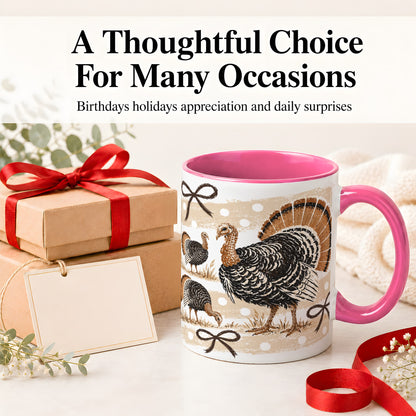 #pl[11oz|Pink] Thanksgiving Turkey Ceramic Mug, Rustic Bow Autumn Farm Artwork