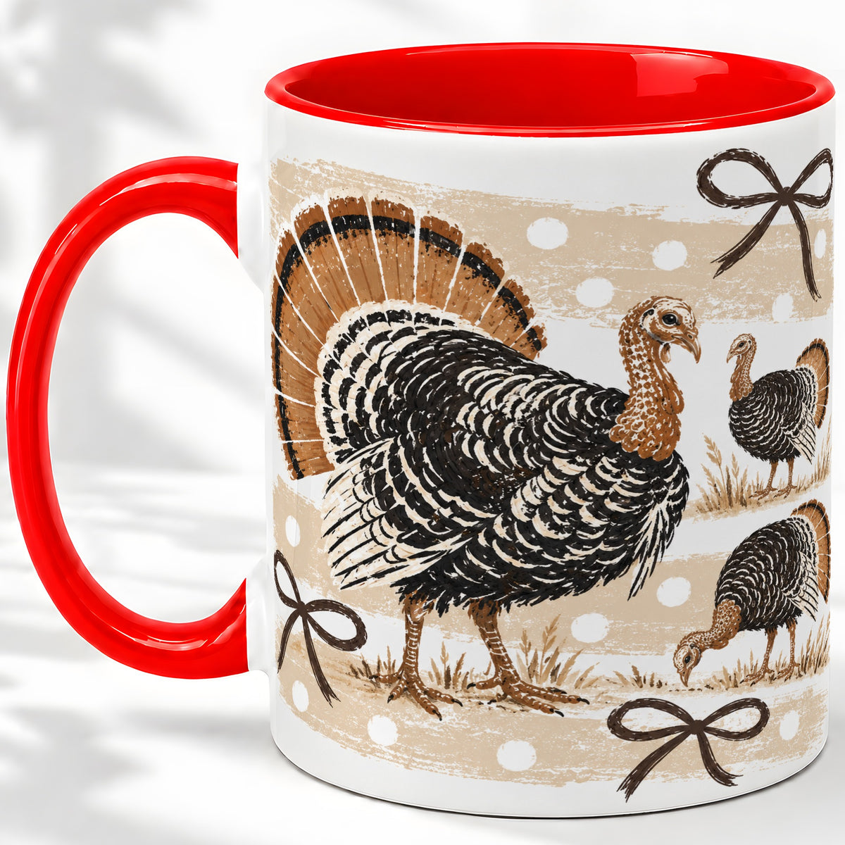 Thanksgiving Turkey Ceramic Mug, Rustic Bow Autumn Farm Artwork