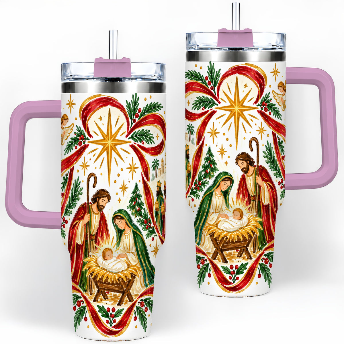 #pl[40oz|Pink] Nativity Christmas 40oz Tumbler, Holy Family Angel Religious Holiday Scene