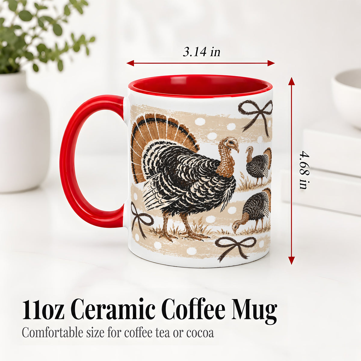 #pl[11oz|Red] Thanksgiving Turkey Ceramic Mug, Rustic Bow Autumn Farm Artwork