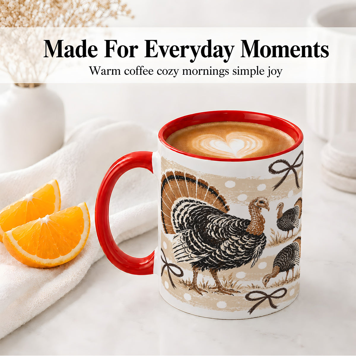 #pl[11oz|Red] Thanksgiving Turkey Ceramic Mug, Rustic Bow Autumn Farm Artwork