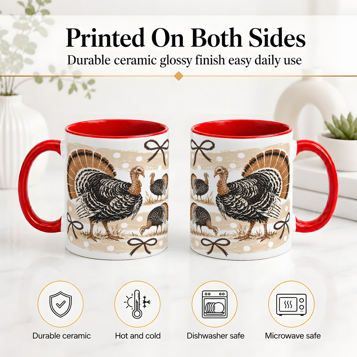 #pl[11oz|Red] Thanksgiving Turkey Ceramic Mug, Rustic Bow Autumn Farm Artwork