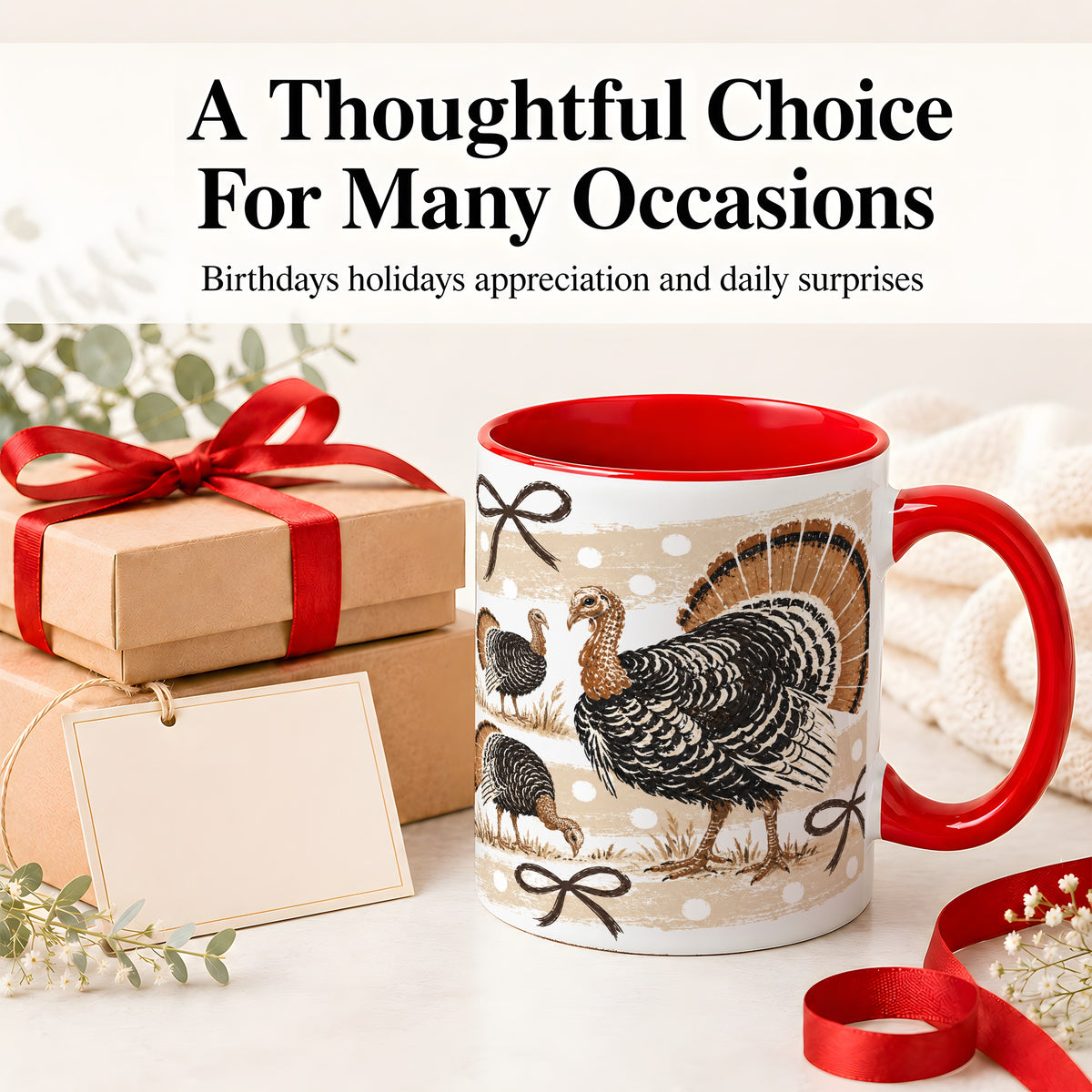 #pl[11oz|Red] Thanksgiving Turkey Ceramic Mug, Rustic Bow Autumn Farm Artwork