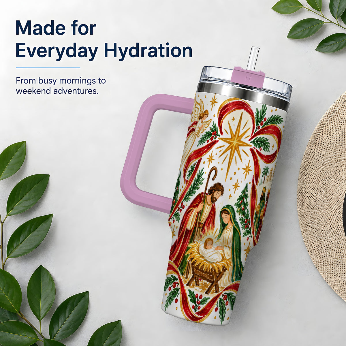 #pl[40oz|Pink] Nativity Christmas 40oz Tumbler, Holy Family Angel Religious Holiday Scene