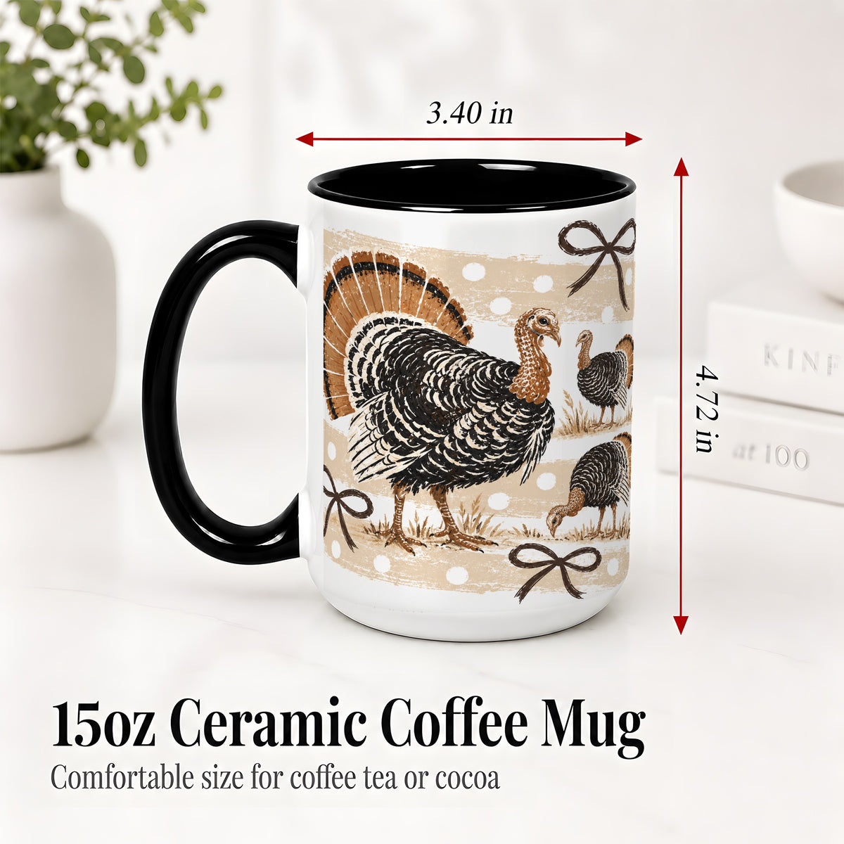 #pl[15oz|Black] Thanksgiving Turkey Ceramic Mug, Rustic Bow Autumn Farm Artwork