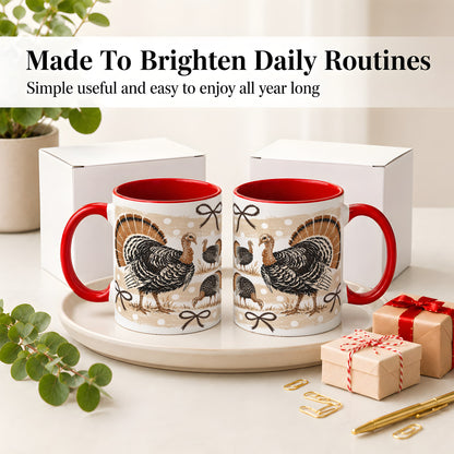 #pl[11oz|Red] Thanksgiving Turkey Ceramic Mug, Rustic Bow Autumn Farm Artwork