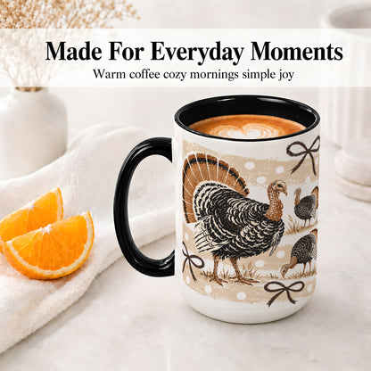#pl[15oz|Black] Thanksgiving Turkey Ceramic Mug, Rustic Bow Autumn Farm Artwork