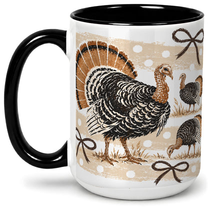 #pl[15oz|Black] Thanksgiving Turkey Ceramic Mug, Rustic Bow Autumn Farm Artwork
