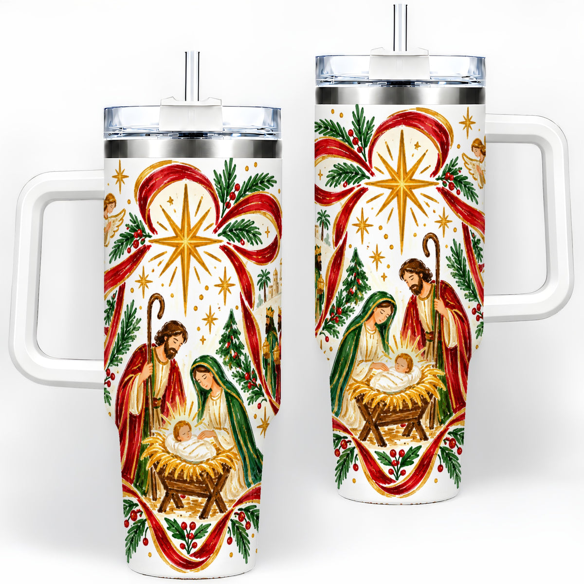 Nativity Christmas 40oz Tumbler, Holy Family Angel Religious Holiday Scene